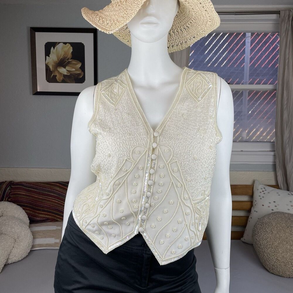 Vintage Spenser Jeremy 100% Silk Vest Waist Coat Women's Medium Ivory Beaded